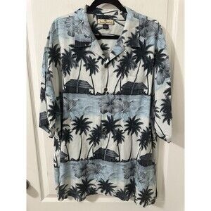 Tommy Bahama Hawaiian Silk Shirt Mens XL Blue Short Sleeve Aloha Hibiscus